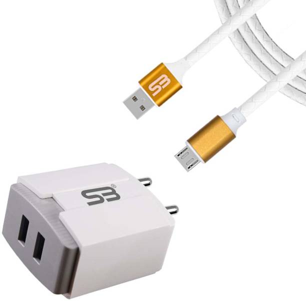 SB 3.4A Double USB Port Fast Charger 5W BIS Certified, Auto-detect Technology, (White) with Micro USB (Metal Cap) Data Cable 3.0Amp 1 Meter Long Cable Gold Compatible with Vivo Z1 Pro, Vivo Y15 2019, Vivo Y11 2019, Vivo U10, Vivo Y12, Vivo Y91i, Vivo S1, Vivo U20. 5 W 3.4 A Multiport Mobile Charger with Detachable Cable