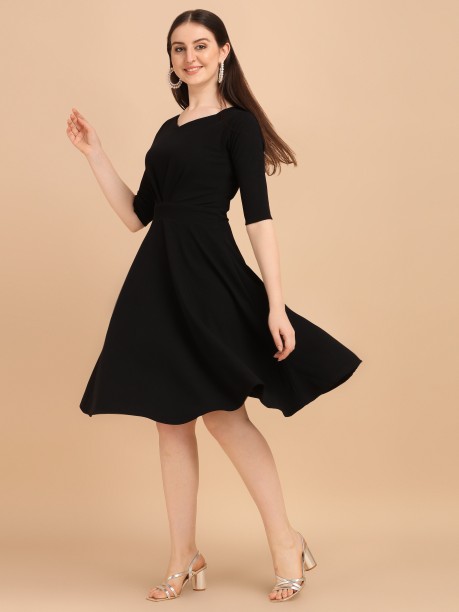 Women Black Solid Knee Length Fit And Flare  Aline Georgette Dress
