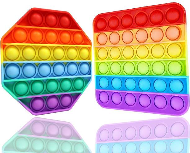 Aseenaa Pop It Fidget Toys | Octagone And Square Rainbow Combo | Pack Of 2 | Pop Its Toy Set | Popits Stress Relief Rainbow | Poppit Silicone Gadgets | Push Pop Bubble Fidget Gift For Kids | Colour - Multi