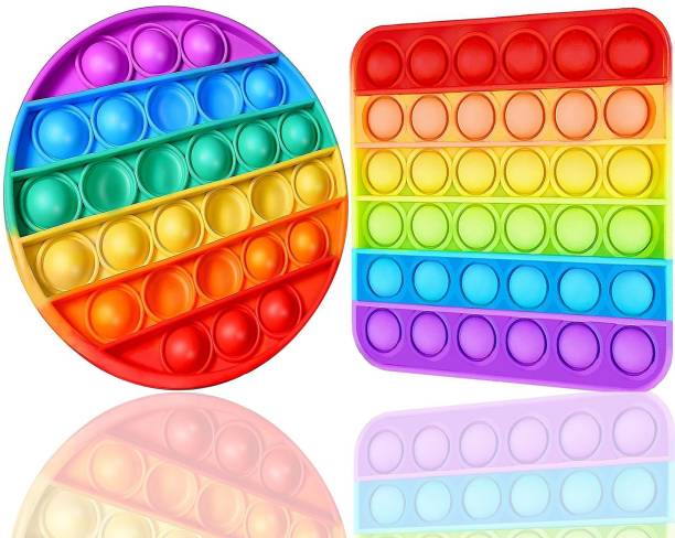 Aseenaa Pop It Fidget Toys | Round And Square Rainbow Combo | Pack Of 2 | Pop Its Toy Set | Popits Stress Relief Rainbow | Poppit Silicone Gadgets | Push Pop Bubble Fidget Gift For Kids | Colour - Multi