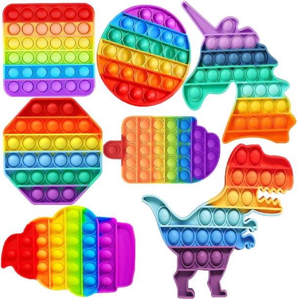 Aseenaa Pop It Fidget Toys | Unicorn, Dinasour, Round, Square, Octagone, Cup Ice Cream And Ice Cream Rainbow Combo | Pack Of 7 | Pop Its Toy Set | Popits Stress Relief Rainbow | Poppit Silicone Gadgets | Push Pop Bubble Fidget Gift For Kids | Colour - Multi