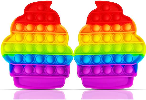 Aseenaa Pop It Fidget Toys | Cup Ice Cream Rainbow Combo | Pack Of 2 | Pop Its Toy Set | Popits Stress Relief Rainbow | Poppit Silicone Gadgets | Push Pop Bubble Fidget Gift For Kids | Colour - Multi