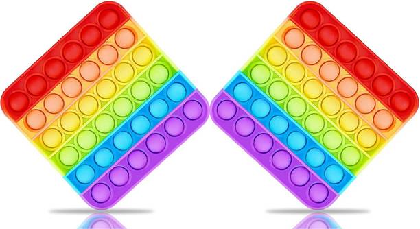 Aseenaa Pop It Fidget Toys | Square Rainbow Combo | Pack Of 2 | Pop Its Toy Set | Popits Stress Relief Rainbow | Poppit Silicone Gadgets | Push Pop Bubble Fidget Gift For Kids | Colour - Multi