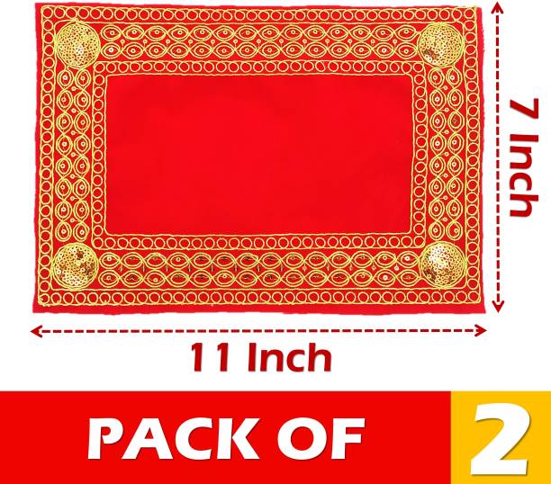 Bhakti Lehar ( Size: 7" X 11" Inch ) Designer Small Size Red Velvet Cloth for Puja | Pooja Aasan Kapda | Embroidered Puja Chowki Cloth for Home Mandir, Temple, God & Goddess Aasana Altar Cloth