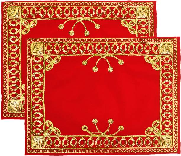Bhakti Lehar ( Size: 10 x 14 Inches ) Fancy Embroidery Jari Design Red Velvet Pooja Aasan Cloth for God Mandir, Idols Sitting, Home Mandir, Temple, Pooja Ghar and Diwali Decoration Altar Cloth