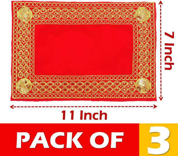 Bhakti Lehar ( Size: 7" X 11" Inch ) Designer Red Velvet Cloth for Puja | Pooja Aasan Kapda | Embroidered Puja Chowki Cloth for Home Mandir, Temple, God & Goddess Asana Altar Cloth