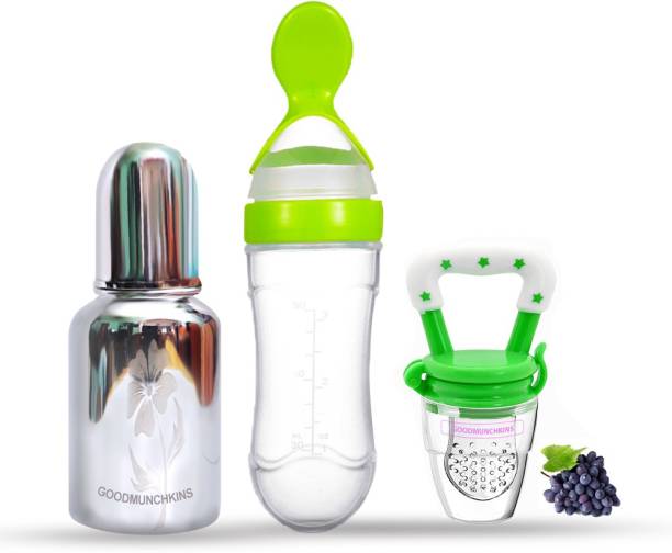 Goodmunchkins Stainless Steel Feeding Bottle(150ml) Silicone Spoon Feeder (90ml) & Fruit Feeder for Babies -304 SS-No Joints-Anti Colic Silicon Nipple-Food Grade Silicon Feeder BPA Free Pack 3 - 150 ml