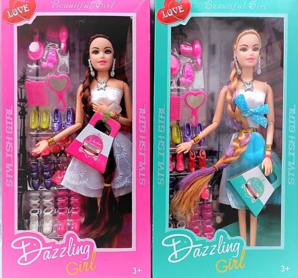 FLIPBOAT Trending Long Hair Addition Doll Set with Beautiful Dresses & Fashion Accessories Doll Set Flexible and Moveable Joint for Little Princess / Girls Kids / Baby (dolls for girls) Pack of 2