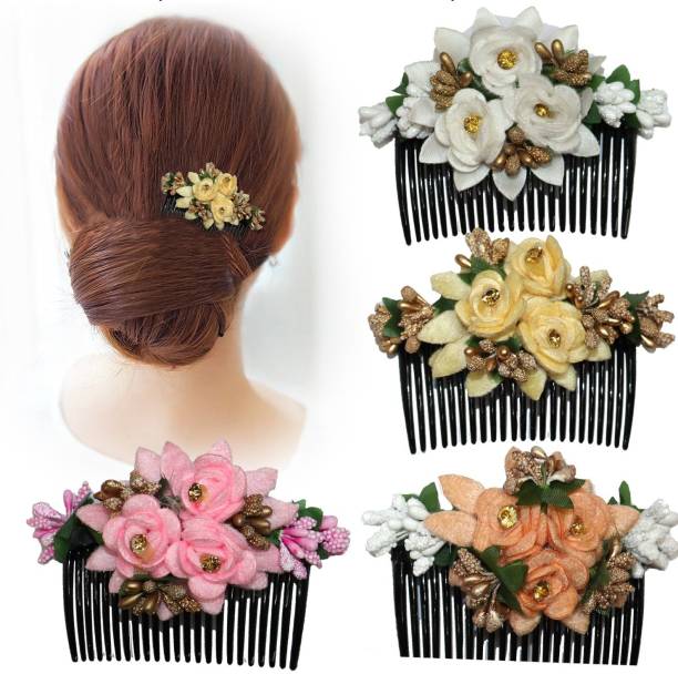 krelin Multicolor Acrylic Comb and Cloth Flower Hair Clip/Side Comb/ Flower Design Jooda Hairpin Comb Flower Design Jooda Pin Pearl Hairpin Comb For Women And Girls (Pack of 4) (ACCComb07) Bun Clip