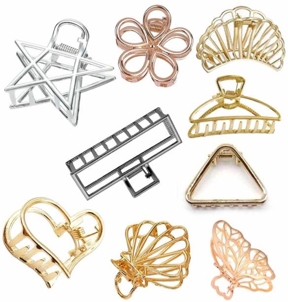 FOK Pack Of 9 Medium Metal Hollow Non Slip Hair Clutcher Clamp Claw Clips for Women Girls (Gold, Silver, Rose Gold, Black) Hair Claw
