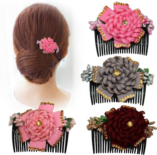 krelin Multicolor Acrylic Comb and Cloth Flower Hair Clip/Side Comb/ Flower Design Jooda Hairpin Comb Flower Design Jooda Pin Pearl Hairpin Comb For Women And Girls (Pack of 4) (ACCComb03) Bun Clip
