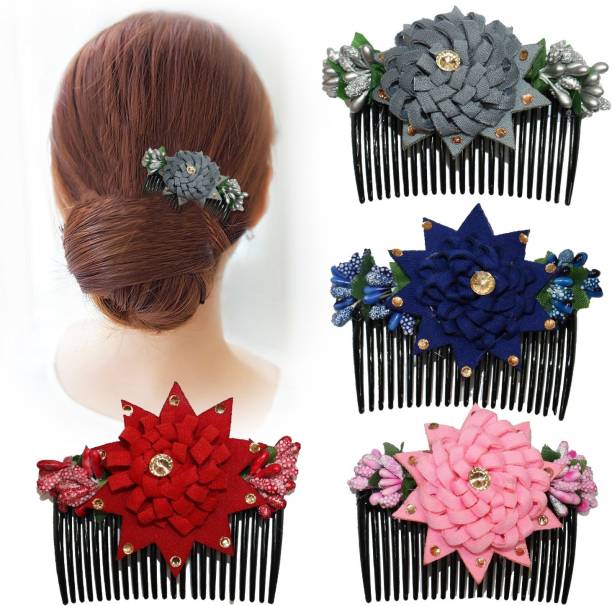 krelin Multicolor Acrylic Comb and Cloth Flower Hair Clip/Side Comb/ Flower Design Jooda Hairpin Comb Flower Design Jooda Pin Pearl Hairpin Comb For Women And Girls (Pack of 4) (ACCComb05) Bun Clip
