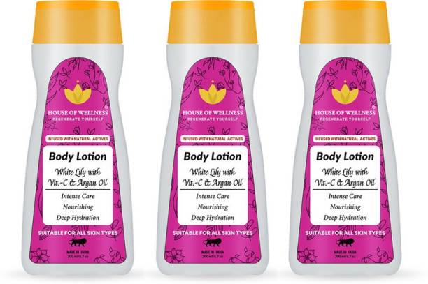 House of Wellness White Lily with Vitamin C & Argan Oil Body Lotion for All Skin Type | Natural Nourishing, Non Sticky Moisturiser for Soft Skin - Pack of 3 (600 ml)