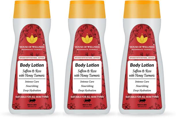 House of Wellness Saffron & Rose with Honey Turmeric Body Lotion for All Skin Type | Natural Nourishing, Non Sticky Moisturiser for Soft Skin - Pack of 3 (600 ml)