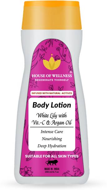 House of Wellness White Lily with Vitamin C & Argan Oil Body Lotion for All Skin Type | Natural Nourishing, Non Sticky Moisturiser for Soft Skin - 200 ml