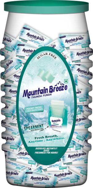 Mountain breeze Sugar-Free Spearmint Fresh Breath Strips JAR 7 Strips each cassette ( Pack of 40) 40 x 7 = 280 Strips Mint Mouth Freshener