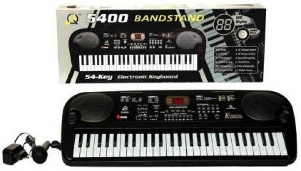 KRISHNA 5400 Bandstand 54 Keys Piano For Kids,54 Key 5400 Bandstand Piano with LED Display, Microphone, and Recording, Adapter Included The Keyboard has 16 tones,6 demo songs,10 Rhythms, 2 Learning modes, 8 percussion's, with 54 keys Also Includes 16 Volume Control Modes,, 32 Tempo Control, Eco/Vibration Mix. One the best piano for kids to learn music. It includes many other functions which you do not find in beginner level keyboards. Recording/Playback ,Digital Display ,Double Stereo Speakers Can be played directly through electricity via adapter or 6 AA 1.5 V batteries