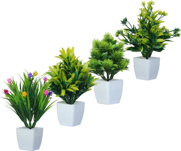 MODO Modo Artificial Bonsai Mini Table Top Plant With Pot for Home & Office Decor- (15 CM, Set of 4 Plant) - Green| Bonsai Wild Artificial Plant  with Pot