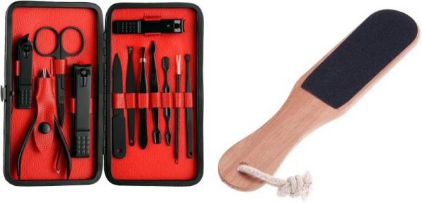 Lusty soul 12 in 1 Manicure Pedicure kit with Nail cutter, Scissor, Tweezers, Blackhead Remover with Leather Case & Double Sided Mild Foot File For Dead Skin Callus Remover Pedicure Tool With Wooden Handle