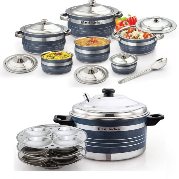 KLASSI KICHEN Stainless Steel Cookware Set (Multicolor, 1000ml, 1500ml, 2000ml, 200ml, 300ml, 500ml)-7 Piece with 3 Plate Idli Cooker 12 idlies…