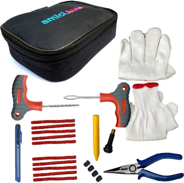 amiciAuto Puncture Repair Complete Kit For Car and Bike Complete Tyre Repair Kit With Easy Storage Nylon Black Bag And Extra Strip Tubeless Tyre Puncture Repair Kit