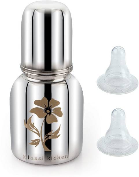 KLASSI KICHEN Stainless Steel Feeding Bottle With Laser Flower Design With 1 Extra Silicone Nipple - 300