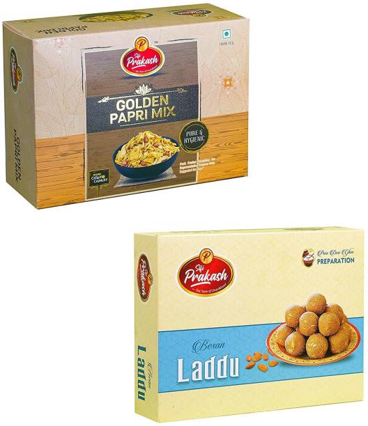 Sifi Prakash Prakash's Pure & Healthy Golden Papdi Mixture 300g & Desi Ghee Besan Ladoo 500g Combo | Evening Tea Time Snacks | Healthy | Crispy | Ready to eat | Snacks | Festival | Preservatives Free |
