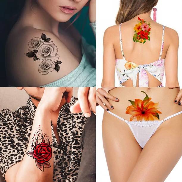 voorkoms Rose Flower Body Tattoo, Hibiscus Flower , TrashRed Rose Rose in Red Colour Tattoo men&women Waterproof temporary tattoo for all boys and girls pack of 4