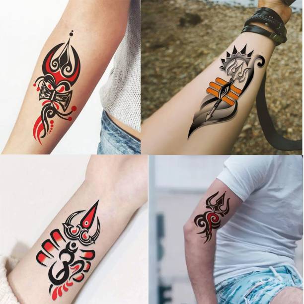 voorkoms Trishul with Om,Damru,Eye Tribal Tattoo Temporary Body Waterproof boy and Girl Tattoo for pack of 4