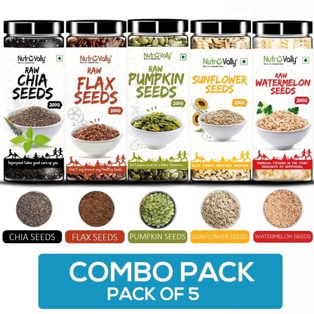 NutroVally Raw Chia Seeds, Flax Seeds, Pumpkin Seed, Sunflower Seed, Watermelon Seeds Combo Loaded with Omega 3, Zinc, Fiber, Calcium, Protein for weight loss, Healthy Heart and Boost Immunity seed for Eating Chia Seeds, Golden Flax Seeds, Pumpkin Seeds, Sunflower Seeds, Watermelon Seeds
