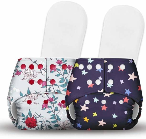 Superbottoms BASIC Cloth diapers- PACK OF 2- 2 Certified Soft Fleece Lined Pocket Diapers with 2 inserts with snaps (Redflowers and Blue star)