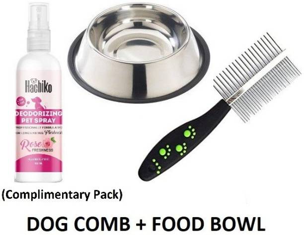 Hachiko Best Quality Dog Needs Combo Of 2 Imported High Quality Grooming Double Sided Pet Comb Stainless Steel Pin + Food Bowl for Removing Shedding Comb Basic Comb for All Pets Basic Comb for  Dog, Cat, Rabbit, Hamster