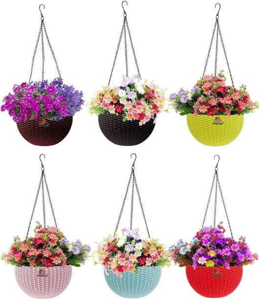 AGAMI Premium 7" Size Woven Design Rattan Hanging Basket Pots for Flower and Plants Plant Container Set