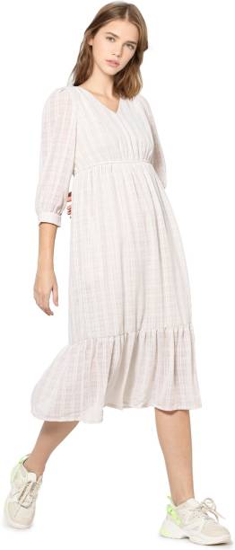Women Fit and Flare Beige Dress Price in India