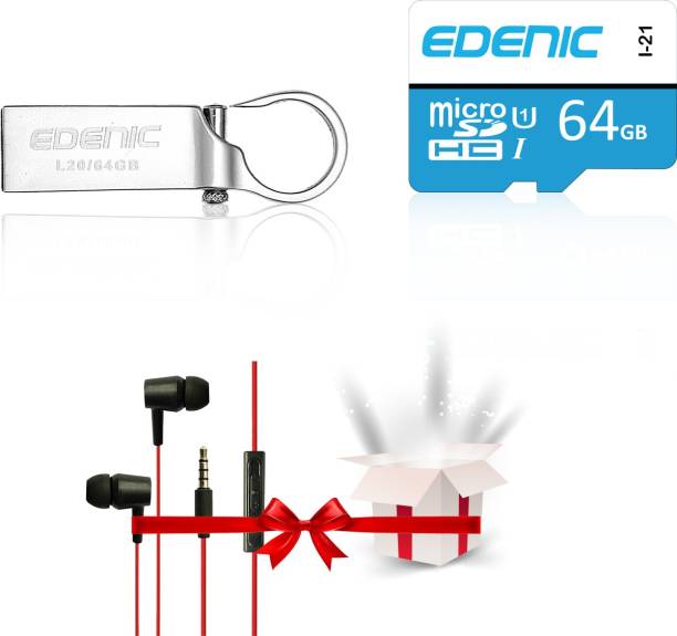 EDENIC Premium 64GB Pen drive + 64GB Memory card Pack of 2 Combo with FREE GIFT Z60 Platinum Earphone. 64 GB OTG Drive