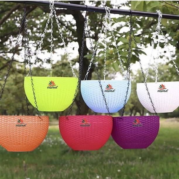 AGAMI Beautiful 7" Size Woven Design Rattan Hanging Basket Pots for Flower and Plants Plant Container Set