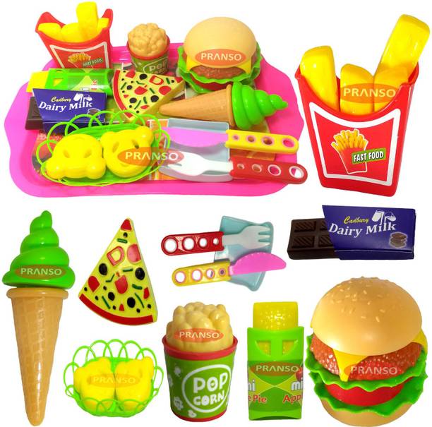 PRANSO Barger Pizza Toy and French Fries ice Cream with Food Trey for Boys Girls Kids