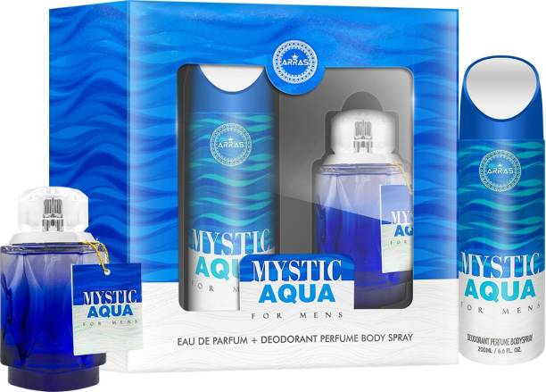 ARRAS Gift Set for Men Mystic Aqua Eau De Parfum & Deodorant Perfume Body Spray All Day Freshness Long Lasting Fragrance 100 ml Perfume & Deodorant for Men (Pack of 2) Deodorant Spray  -  For Men
