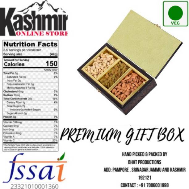 kashmir online store Premium Royal Design Patterned – Diwali Gift Box – 3 In One Dry Fruits Gift Pack WOODEN BOX -600gm {Almonds-200gm , Cashews-200gm & Raisins-200gm} Almonds, Cashews, Raisins