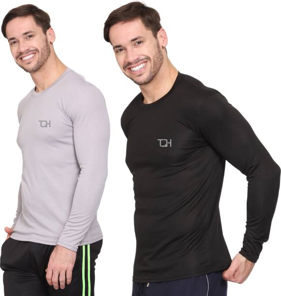 Pack of 2 Men Solid Round Neck Black, Grey T-Shirt Price in India