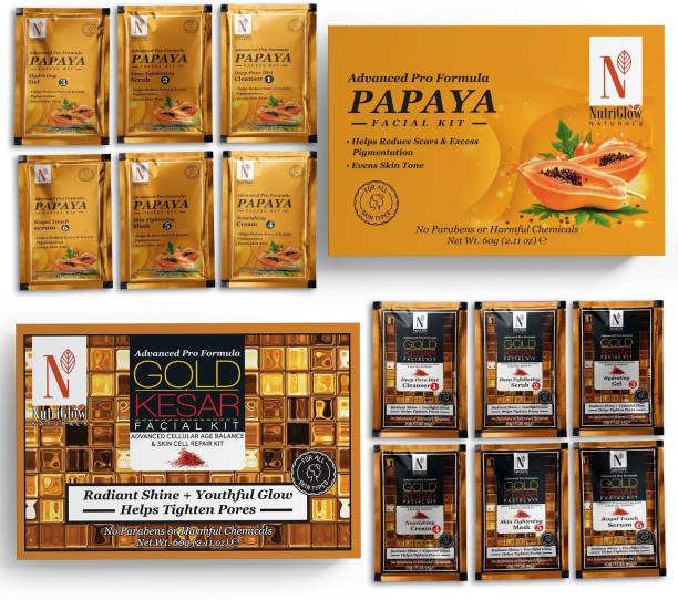 NutriGlow NATURAL'S Advance Pro Formula Gold Kesar & Papaya Facial Kit For Helps Reduce Scars, Excess Pigmentation & Even Skin Tone - (60gm Each)