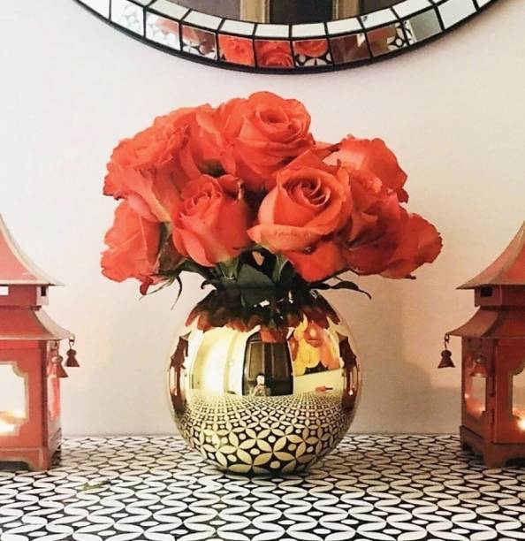 AGAMI Beautiful Decorative Golden Reflective Round Glass Vase for Home Decor, Center Table, Bedroom, Side Corners, Living Room Decoration, Glass Pot for Flowers and Plants Glass Vase