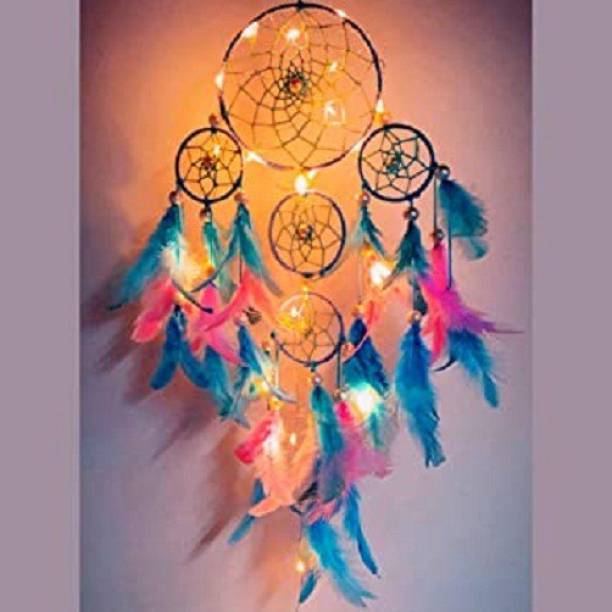 DHRUVTAR STORE Dhruvtar dream Catcher ~ Pastel 4 Tier with Pretty Lights ~ Handmade hangings Used for Wall Hanging, Decor, Balcony, Decor,Car, Wind Chimes, Room Feather, Wool Windchime