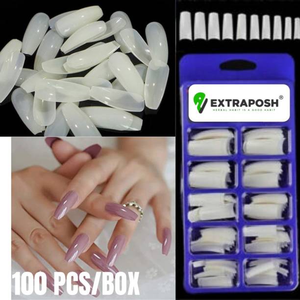 Extraposh Brush on Glue and Artificial Nails Extension 100 Tips for Professional and Personal Use ( 100 Tips Fake Nails) With 2 Glue White (Pack of 100) TRANSPARENT