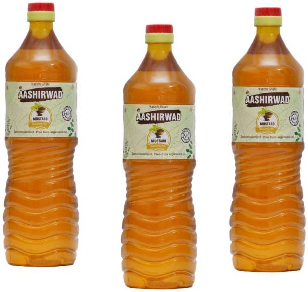 SHREE AASHIRWAD Pure Cold Pressed Kachi Ghani Organic Mustard Oil -1 Ltr (Pack of 3) Mustard Oil PET Bottle