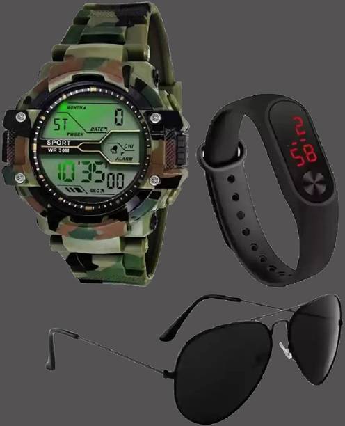 Florida AMERICAN ARMY MILITARY SILICON STRAP LED UV PROTECTION BLACK AVIATOR SUNGLASS Digital Watch – For Boys