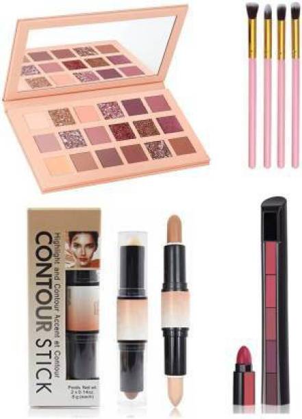 swenky CRUSH BEAUTY Makeup kit Eyeshadow Palette with Brush Set for Girls, 18Color Nude Edition Eye Shadow Pallet, 4Pcs Pink Eyeshadows Blending Brushes, 5in1 Matte Fab Lipstick, and 2in1 Highlighter Concealer Contour Stick (4 Items in the set)