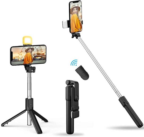 HelloX Selfie Stick Tripod with LED Fill Light, Phone Tripod Stand with Detachable Bluetooth Wireless Remote Compatible with iPhone 12/11/XR/X/Pro, Galaxy S10 and More(Black-White Lights) Bluetooth Selfie Stick
