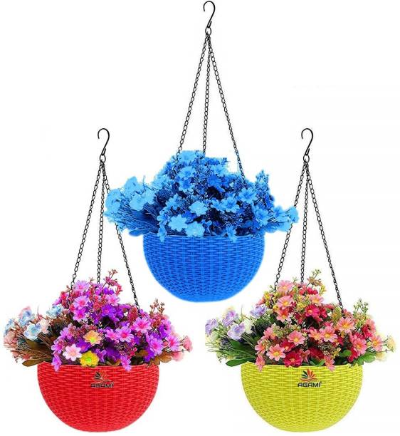 AGAMI 7" Size Decorative Woven Design Hanging Euro Basket For Indoor and Outdoor with Chain for flowers and Gardening Decor and Plants Plastic Vase