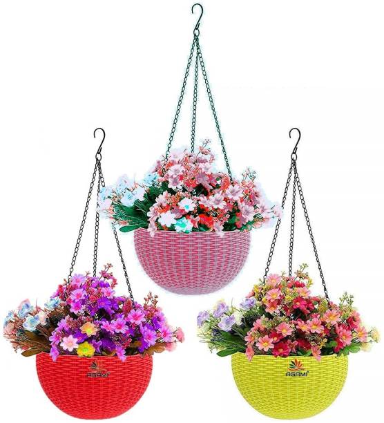 AGAMI Decorative 7" Woven Design Hanging Euro Basket For Indoor and Outdoor with Chain for flowers and Gardening Decor Plastic Vase